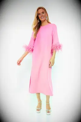 Tuckernuck hot pink feathered festive wedding guest dress