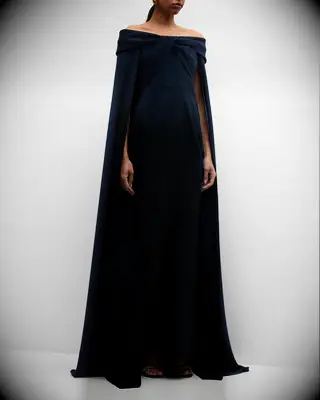 Navy off-the-shoulder cape gown for mother of the bride