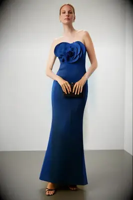 Strapless blue gown with floral detail from Rent the Runway