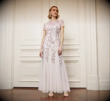 Short sleeve pink gown with embellished floral details