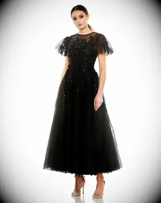 Black beaded flutter-sleeve ankle-length dress for mother of the bride