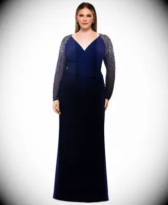 Navy V-neck mother-of-the-bride dress with sequin long sleeves