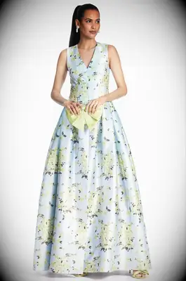 Light blue v-neck gown with green floral print