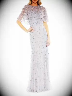 Lilac floral gown with sheer cape overlay