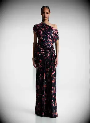 Off-the-shoulder dark floral mother-of-the-bride gown