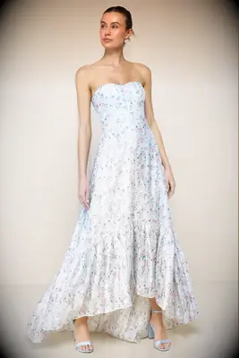 Strapless light blue floral high-low gown