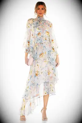 Long sleeve floral dress with asymmetric hem