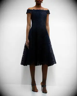 Navy floral off-the-shoulder lace knee-length mother-of-the-bride dress