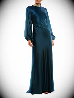 Blue long sleeve embellished neckline gown