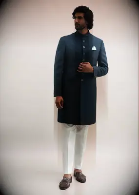 Patterned sherwani Muslim wedding guest attire