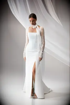 Square neck wedding dress with lace long sleeves