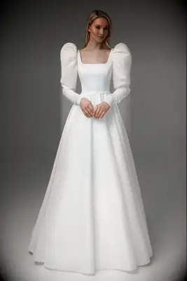 Square neck wedding dress with large puffy sleeves