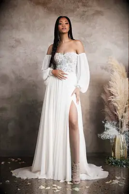 Off-the-shoulder long sleeve dress with lace bodice and leg slit