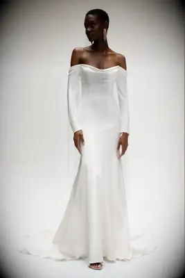 Off-the-shoulder tailored wedding dress