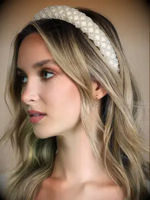 Lulus white pearl beaded headband in a geometric design