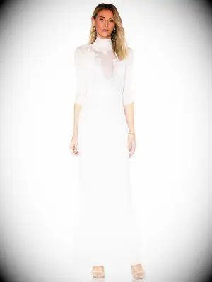 Fitted wedding dress with high sheer and lace neckline, three-quarter length sleeves and ruffle skirt