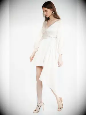 Ivory silk mini dress with cuff sleeves and plunging neckline