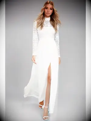 Chiffon A-line wedding dress with lace high neck bodice and long sleeves