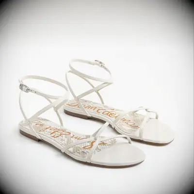 Strappy white sandals for beach wedding from Sam Edelman