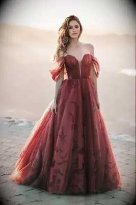 Allure Bridals red off shoulder wedding gown