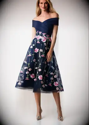 Teri Jon off-shoulder mother-of-the-groom dress for outdoor weddings