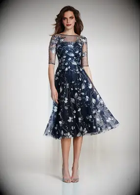 Teri Jon tea length mother of the groom dress for outdoor wedding