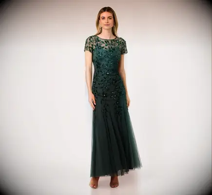 Adrianna Papell green beaded mother-of-the-groom dress for outdoor weddings