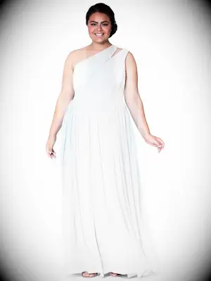 azazie one shoulder white bridesmaid dress with pleating and sleeve cutout