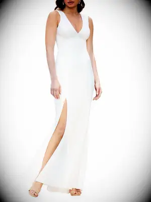 saks fifth avenue white bridesmaid slip dress with v-neck and slit