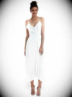 the dessy group white high low bridesmaid wrap dress with spaghetti straps and ruffles