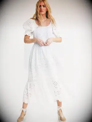 orchard mile white bridesmaid midi dress with lace and short sleeves