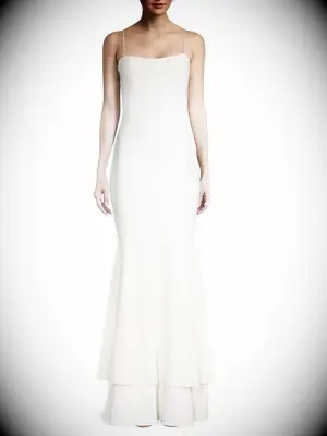saks fifth avenue white bridesmaid trumpet dress with spaghetti straps