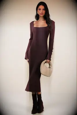 Brown square neck fabric dress