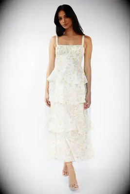 White and yellow floral tiered ruffle dress
