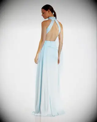 Mac Duggal blue backless wedding guest dress