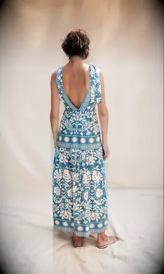 Saylor blue and white patterned backless wedding guest dress