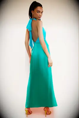 The Wolf Gang turquoise backless wedding guest dress