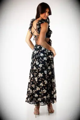 Petal & Pup frill shoulder floral backless wedding guest dress