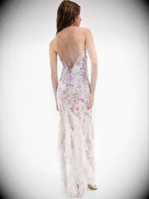 For Love and Lemons floral maxi backless wedding guest dress