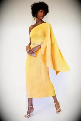 Solace London yellow pleated one shoulder black tie optional dress from Rent the Runway