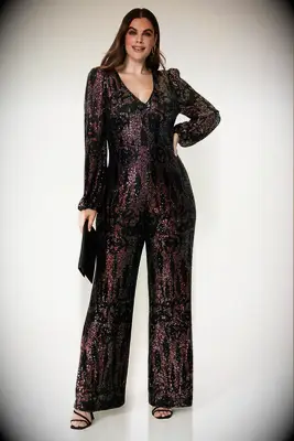 ML Monique Lhuillier sequin wide leg black tie optional jumpsuit from Rent the Runway