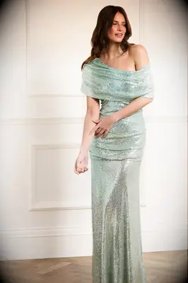 Sequin draped one shoulder black tie optional dress from Needle & Thread