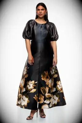 Kay Unger black floral gown for black tie optional wedding from Rent the Runway