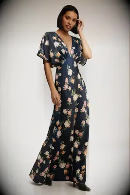 BHLDN floral flutter sleeve black tie optional maxi dress from Anthropologie