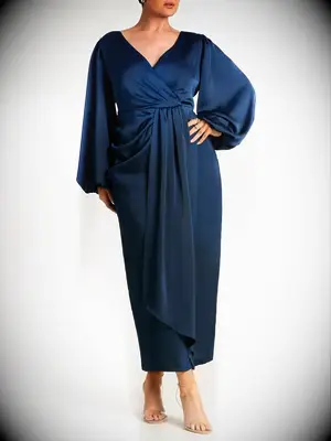 Blue satin puff sleeve black tie optional dress from ELOQUII