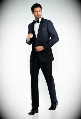 Navy blue dinner jacket with satin trim and matching pants
