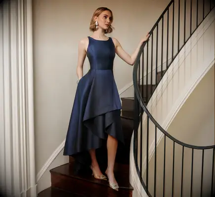 Navy high low black tie optional dress from Adrianna Papell