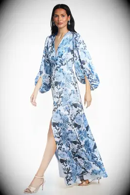 Blue floral gown for black tie optional wedding from Sachin & Babi