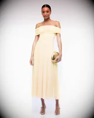 Yellow off the shoulder black tie optional maxi dress from Abercrombie & Fitch