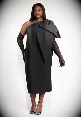Black one shoulder bow column dress for black tie optional wedding from ELOQUII